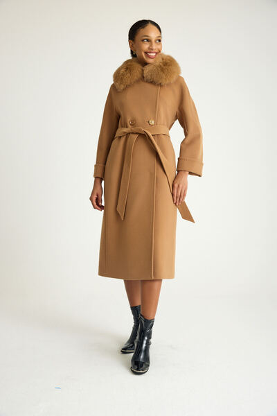 KENT Kürk Yakalı Slim Fit Uzun Taba Kaban Kendinden Desenli Dokuma Kumaş