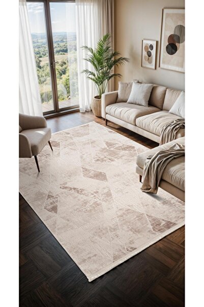 Cotto Home Moon MO104K Krem Halı Geometrik Bej Detaylı Akrilik Pamuk Taban Salon Halısı Yatak Odası Koridor
