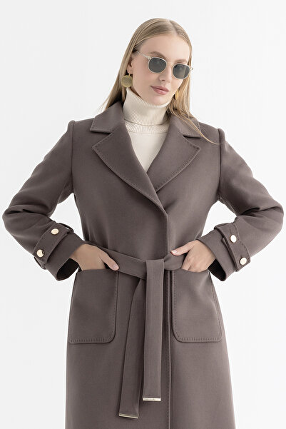 Mia Kara Torba Cepli Kemerli Kol Manşetli Uzun Kadın Kaban 4161 - Vizon