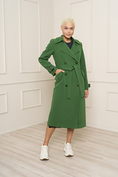 KENT Çimen Yeşili Uzun Kaşe Palto Kuşaklı Çift Düğmeli