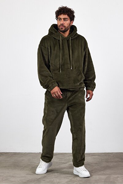 MADZEYMODA Ανδρικό κοστούμι με κουκούλα χακί Premium, βελούδινο κοστούμι καγκουρό LS-8622