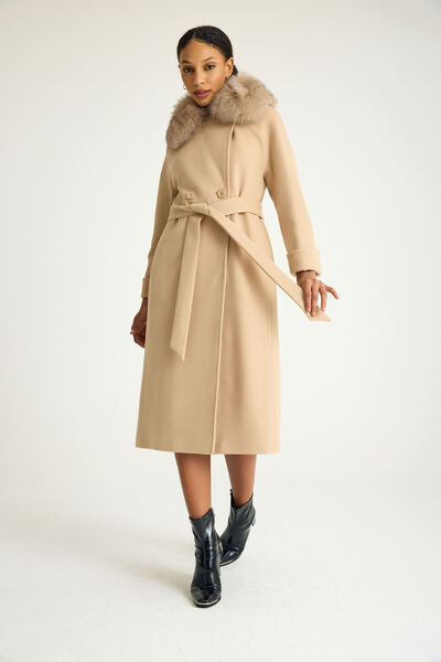 KENT Kürk Yakalı Slim Fit Uzun Açık Bej Kaban Kendinden Desenli Dokuma Kumaş