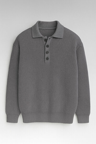 Valiberta Oversize Thessaloniki Knitted 4 Button Half Placket Comfortable Fit Men's Knitwear Sweater - Smoked