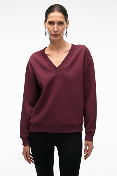 GRIMELANGE Arinel Women's V-Neck Regular Fit Burgundy Sweatshirt