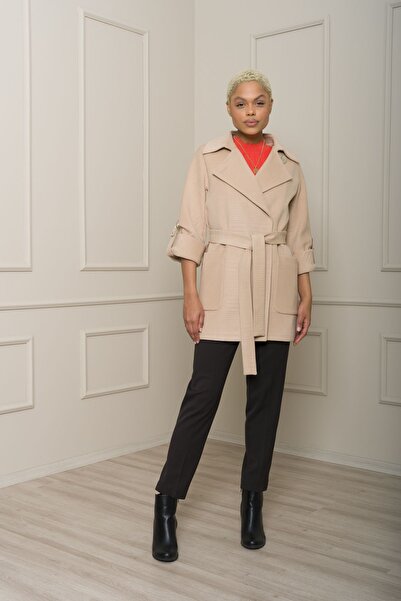 KENT Kadın Kısa Yünlü Açık Camel Kaban Şık ve Modern Tasarım Kuşaklı Geniş Cepli