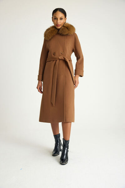 KENT Fur Collar Slim Fit Long Mustard Coat Self Pattern Woven Fabric