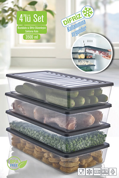 VİGENTİNO 4’Lü Set Buzdolabı Organizer Mikrodalga Uygun Difriz Saklama Kabı 4...
