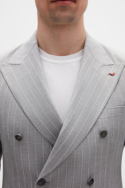 D'S Damat Ds Damat Regular Fit Gri Çizgili Kruvaze Takim Elbise