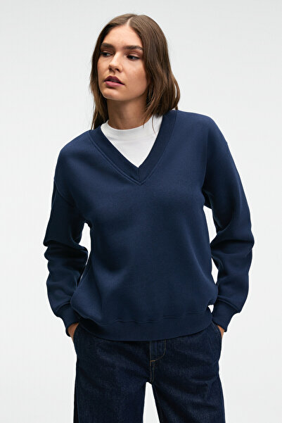 GRIMELANGE Arinel Women's V-Neck Regular Fit Navy Blue Sweatshirt