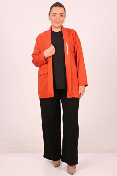 Eslina F-43021 Büyük Beden Çıkabilir Broş'lu Dokuma Kumaş Kısa Ceket-Kiremit