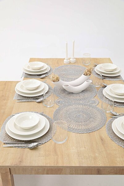 Çt Çeyizci Tekstil Dining Table Cloth Runner And Plate - 1 Runner-6 Plate Gray