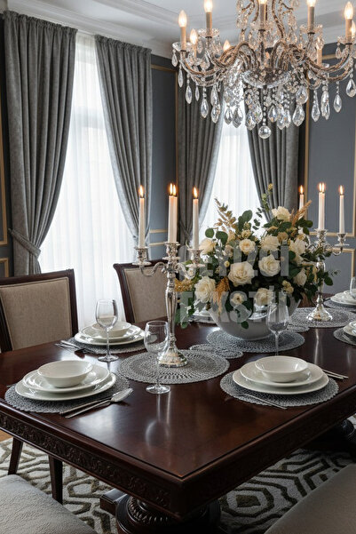 Çt Çeyizci Tekstil Dining Table Cloth Runner And Plate - 1 Runner-6 Plate Gray