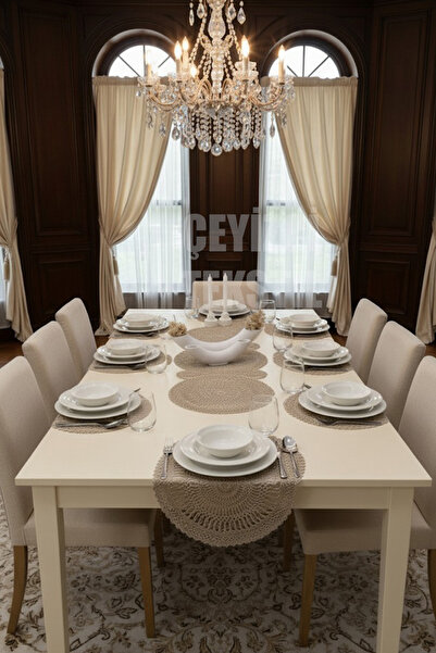 Çt Çeyizci Tekstil مفرش وطبق لطاولة الطعام - 1 مفرش - 6 أطباق كابتشينو