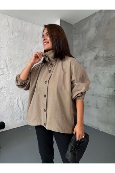 Elif Özbey Butik Vizon Oversize Dik Yaka Trenç