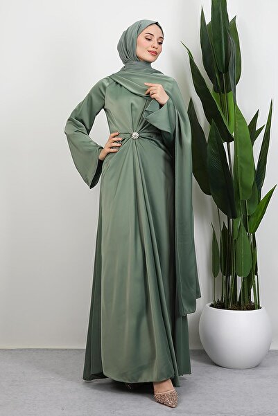 GİYZAMİLA Medusa Saten Abiye Soft Yeşil