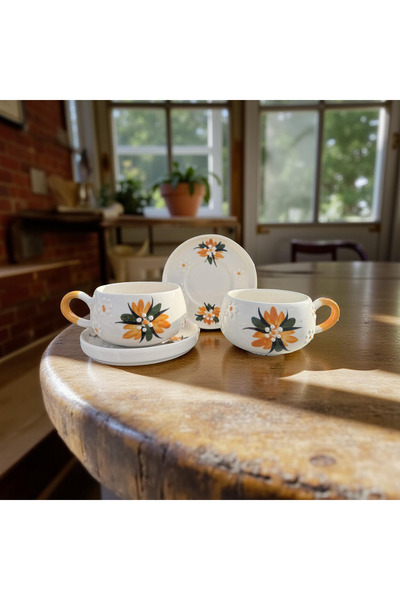 İlbay Çini Takı Dirty Yellow Crocus Flower Beren Plate Mug, 2 Mugs 2 Plates, Handcrafted Double Tea Coffee Cup