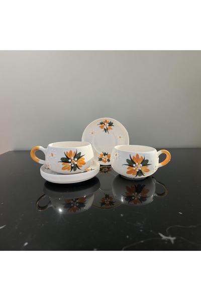 İlbay Çini Takı Dirty Yellow Crocus Flower Beren Plate Mug, 2 Mugs 2 Plates, Handcrafted Double Tea Coffee Cup