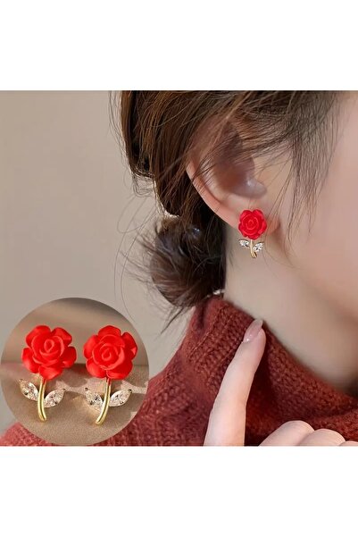 by Natalie Yeni kırmızı gül küpe zarif ve şık küpe kadın küpe Avrupa tarzında