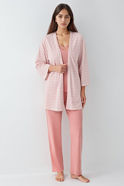 Pierre Cardin Kadın Pembe Desenli 3'lü Pijama Takımı Kimono Sabahlıklı