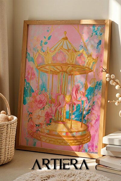 Artiera Princess Dream Pink Carousel Girl's Room Wooden Painting