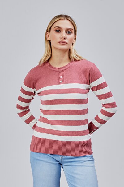 Jinx Wear Fashion Striped Wool Women's Trendy Knitwear Sweater with Collar and Cuff Button Detail