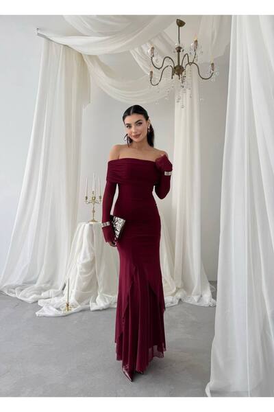 Miss Beyoğlu Kadın Yeni Sezon Tül Abiye Elbise – Omuz Açık, Uzun, Şık Gece & Davet Elbisesi