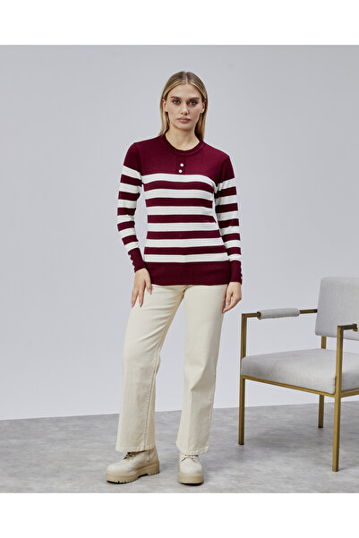 Jinx Wear Fashion Striped Wool Women's Trendy Knitwear Sweater with Collar and Cuff Button Detail