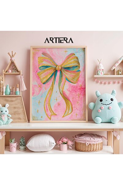 Artiera Prenses Rüyası Pembe Altın Fiyonk Kurdele Kız Çocuk Odası Ahşap Tablo