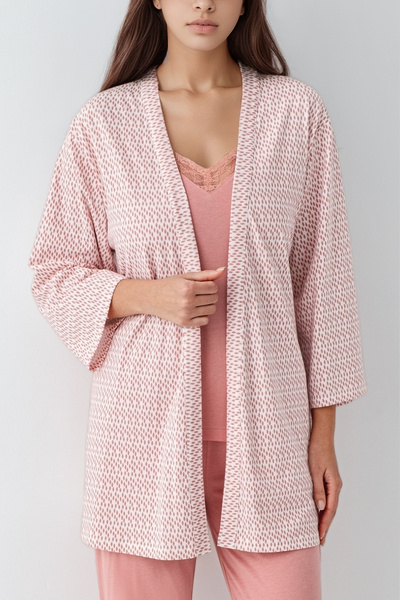 Pierre Cardin Kadın Pembe Desenli 3'lü Pijama Takımı Kimono Sabahlıklı