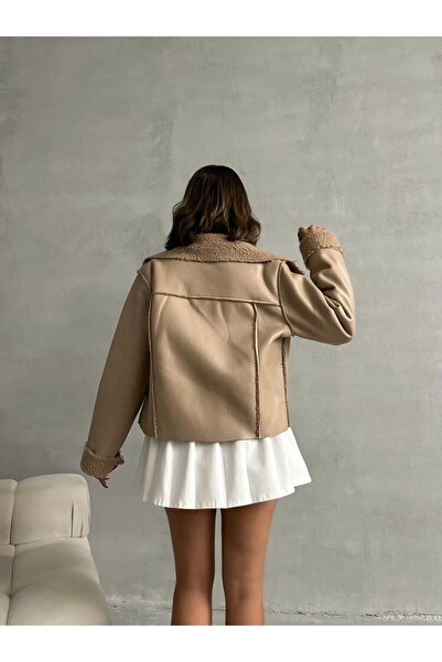 Hazinedan Women's Laminated Leather Dark Stone Zippered Fur Collar Coat