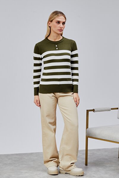 Jinx Wear Fashion Striped Wool Women's Trendy Knitwear Sweater with Collar and Cuff Button Detail