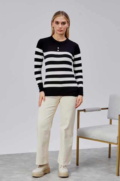 Jinx Wear Fashion Striped Wool Women's Trendy Knitwear Sweater with Collar and Cuff Button Detail