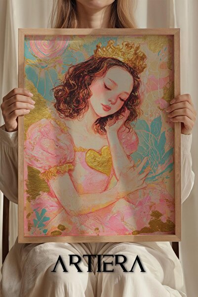 Artiera Princess Dream Heart Detailed Pink Dress Princess Girl's Room Wooden Painting