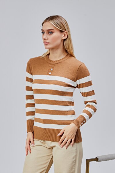 Jinx Wear Fashion Pulover de tricotaj pentru femei, cu guler și detaliu cu nasturi pe mâneci, în dungi, din lână