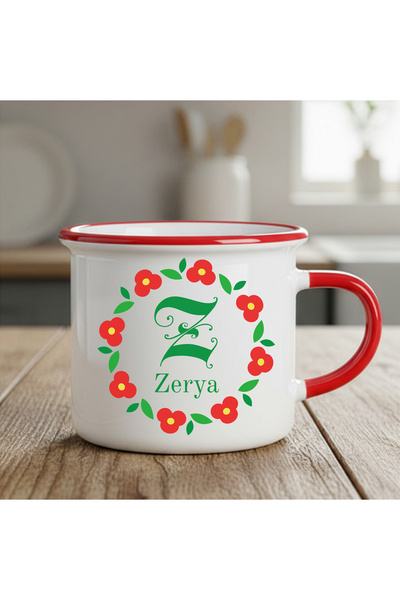 ZERYA كوب مطلي بالمينا مزين بالزهور مخصص للأسماء والأحباء - كوب خاص للعشاق (أ...