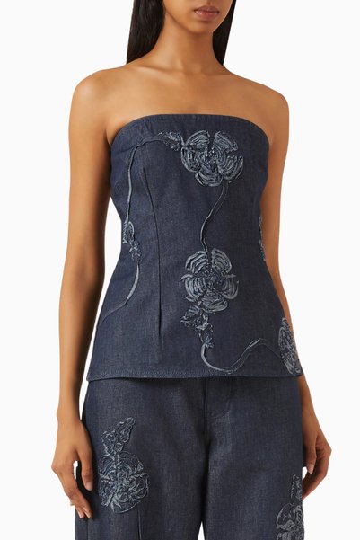 Rotate birger christensen Blue Organic Denim, Strapless Women's Blouse with F...