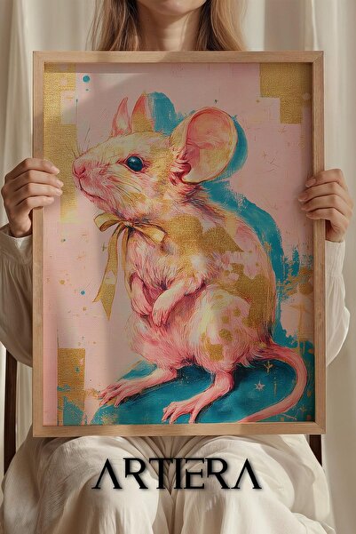 Artiera Ξύλινος πίνακας Princess Dream Cute Mouse με χρυσή κορδέλα με φιόγκο ...