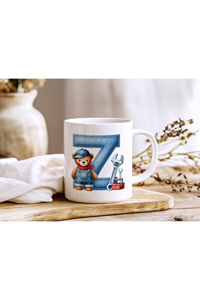 Beramussa Letter Z Repairman Teddy Bear Figured Mug - Denim Patterned Alphabe...
