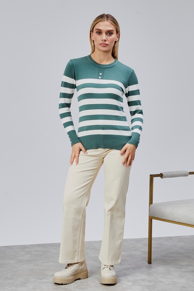 Jinx Wear Fashion Striped Wool Women's Trendy Knitwear Sweater with Collar and Cuff Button Detail