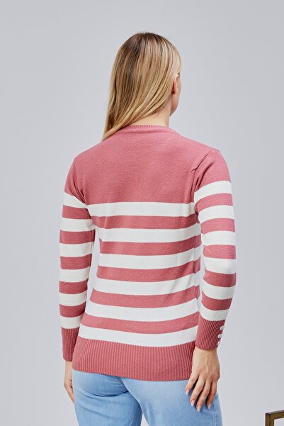 Jinx Wear Fashion Striped Wool Women's Trendy Knitwear Sweater with Collar and Cuff Button Detail