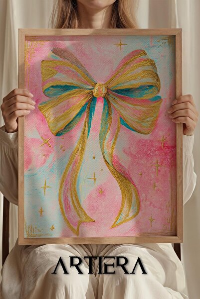 Artiera Prenses Rüyası Pembe Altın Fiyonk Kurdele Kız Çocuk Odası Ahşap Tablo