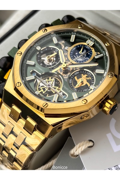 Ferrucci Çelik Kordon Altın Sarısı - Yeşil Kadran Otomatik Mekanizma Erkek Kol Saati