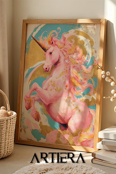 Artiera Princess Dream Golden Background Unicorn Girl's Room Wooden Painting