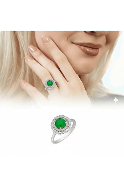 Tesbihane Yeşil Zirkon Taşlı Papatya Tasarım Gümüş Renk 925 Ayar Gümüş Yüzük