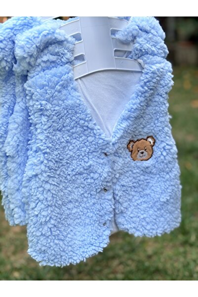 BETSY STUDIO Blue Welsoft Teddy Embroidered Baby Vest & Knitwear Knitted Booties Set
