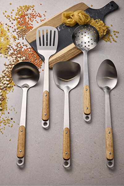 Perotti Gaia Silver Wooden Handle 5 Piece Serving Set 18/10 Stainless Steel