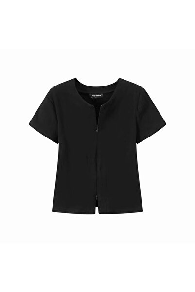 Korean BLACK style double zipper design short sleeve cardigan T-shirt slip top