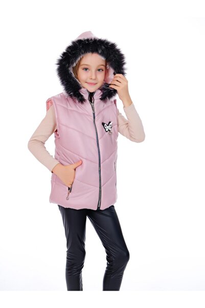 Kamex Girls' Embroidered Winter Faux Leather Padded Vest