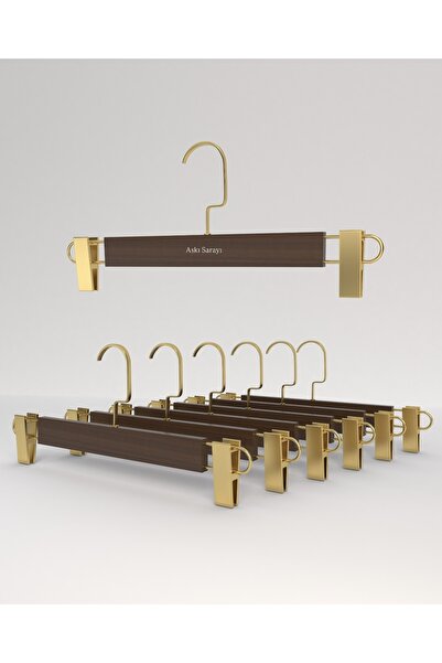 askı sarayı Ceviz Ahşap Pantolon Ve Etek Askısı Gold Klips , Gold Amerikan Kanca 12 Adet Premium Özel Seri