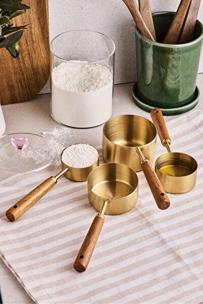 Perotti Vasto 4-Piece Large Size Stainless Steel Measuring Spoon Set with Wooden Handle Measuring Cup 60ml 80ml 125ml 250ml